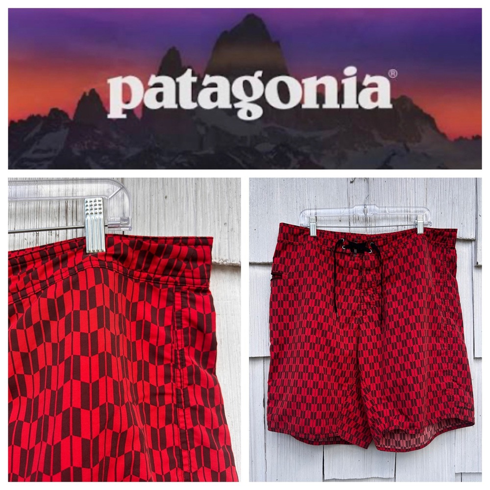 Patagonia Mens 38 Wavefarer Board‎ Shorts Red Black Geometric Swim Trunks Nylon